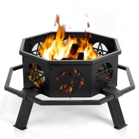 35in Octagonal Pentagram Wood Brazier with Foot Pedal – Wrought Iron Black (Color: Black)