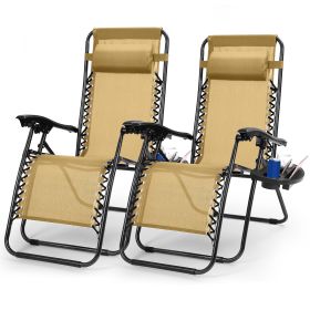 2Packs Foldable Zero Gravity Lounge Chair With Dual Side Tray Stress Relief Pillow 330lbs Max Load Per Chair (Color: beige)