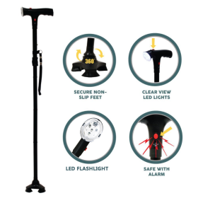 Folding Adjustable Walking Cane with LED & SOS for Seniors (Color: Black)