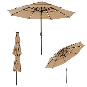 10FT 3-Tier Solar Patio Umbrella With Push Button Tilt And Crank With 32 LED Lights (Color: Khaki)