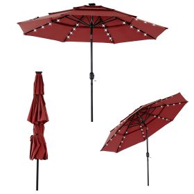 10FT 3-Tier Solar Patio Umbrella With Push Button Tilt And Crank With 32 LED Lights (Color: Red)