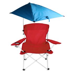 1Pc Foldable Beach Chair With Sun Canopy Cup Holder Carry Bag Adjustable Armrest Detachable Umbrella 220.5lbs Max Load (Color: Red)