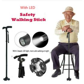 Folding Walking Cane with LCD Display & Flashlight – Adjustable Aluminum Trekking Pole (Color: Black)