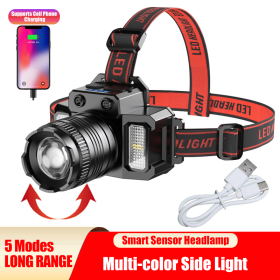 LED Tactical Headlamp USB Rechargeable Motion Sensor Zoomable 5 Modes Emergency Power Bank For Mobile Phone (Color: Black)