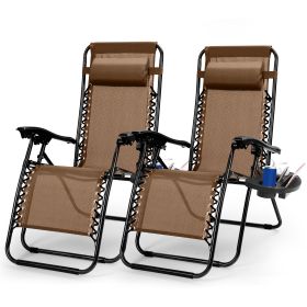 2Packs Foldable Zero Gravity Lounge Chair With Dual Side Tray Stress Relief Pillow 330lbs Max Load Per Chair (Color: Brown)